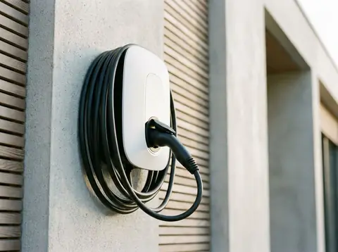 Borne de recharge murale compacte installee sur la facade d'une maison