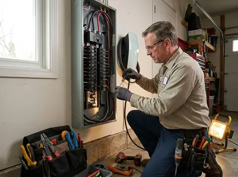 Technicien controlant le raccordement electrique d'une borne de recharge