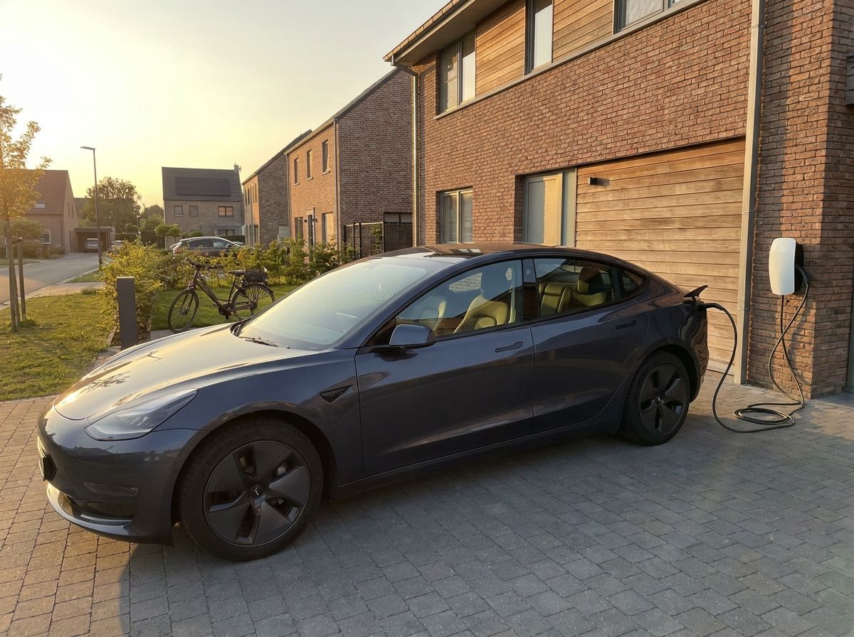 Voiture electrique branchee a une borne de recharge murale devant une maison