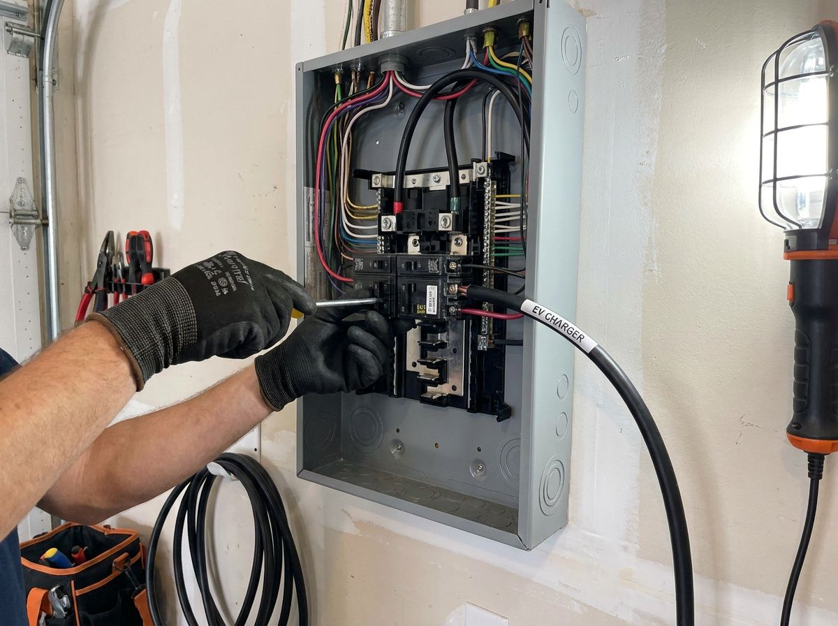 Electricien raccordant une borne de recharge au tableau electrique
