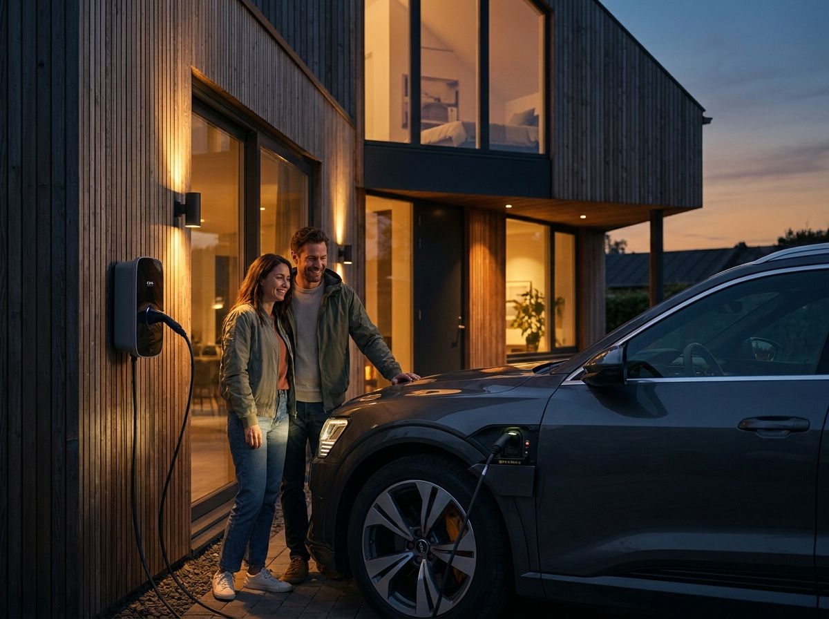 Couple rechargeant sa voiture electrique a une borne devant la maison en soiree